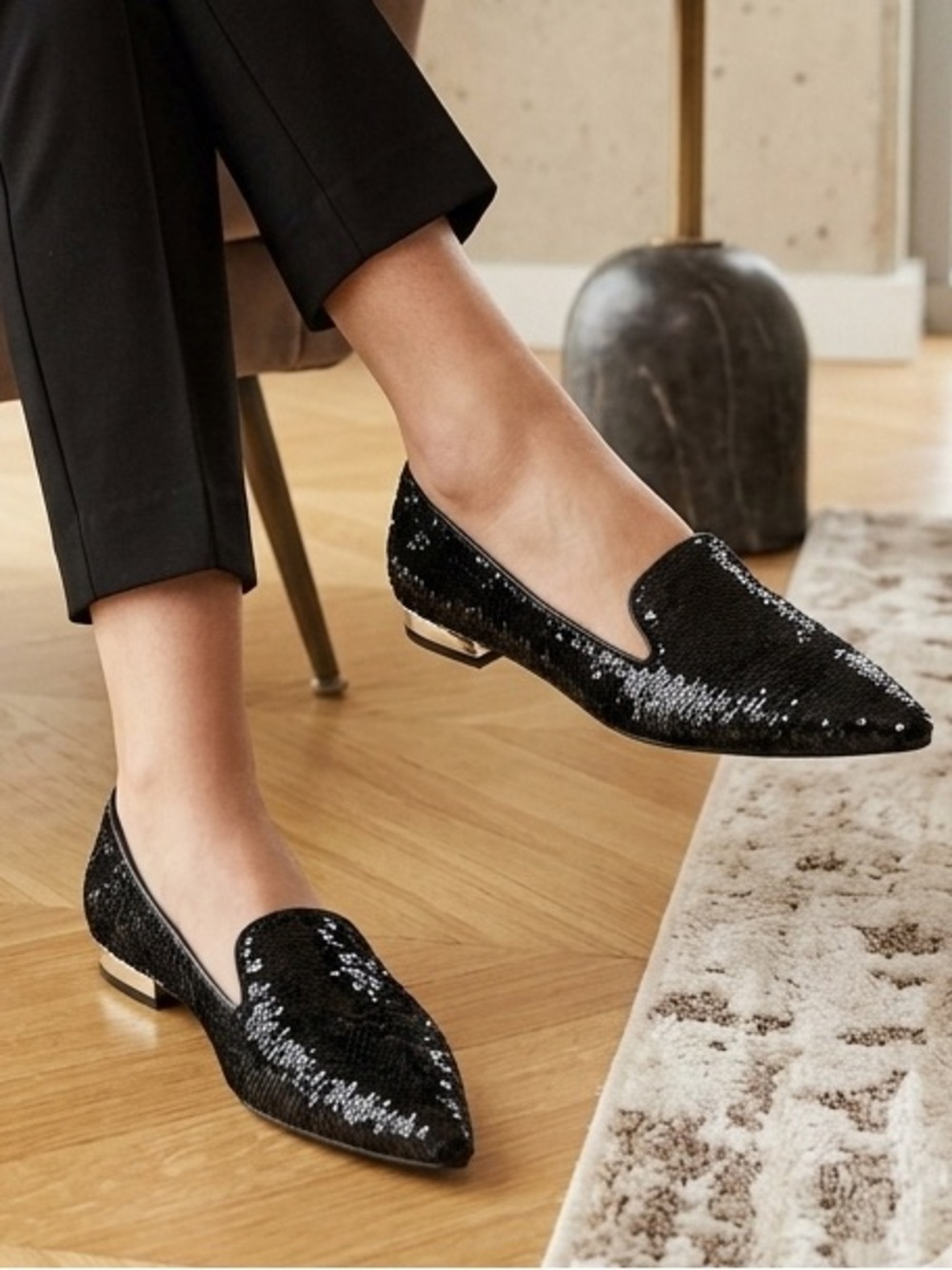 White House Black Market "Starla" Black Sequin Pointed Toe Flats Size 9 NEW!